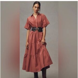 Anthropologie Somerset Shirt Dress Terracotta Rust Faded Red Tiered Maxi Midi S